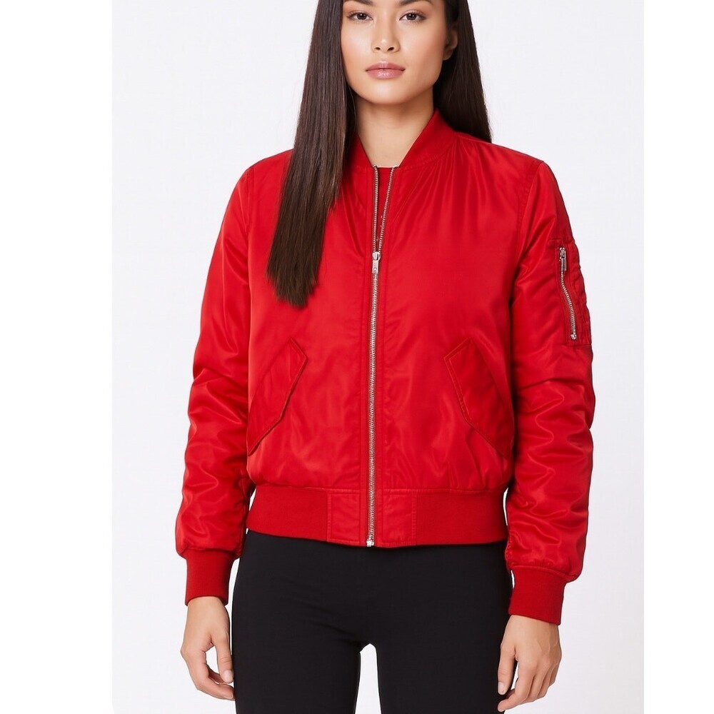 H&M jacket red utility nylon military style full zip shoulder zip SZ 2 bomber